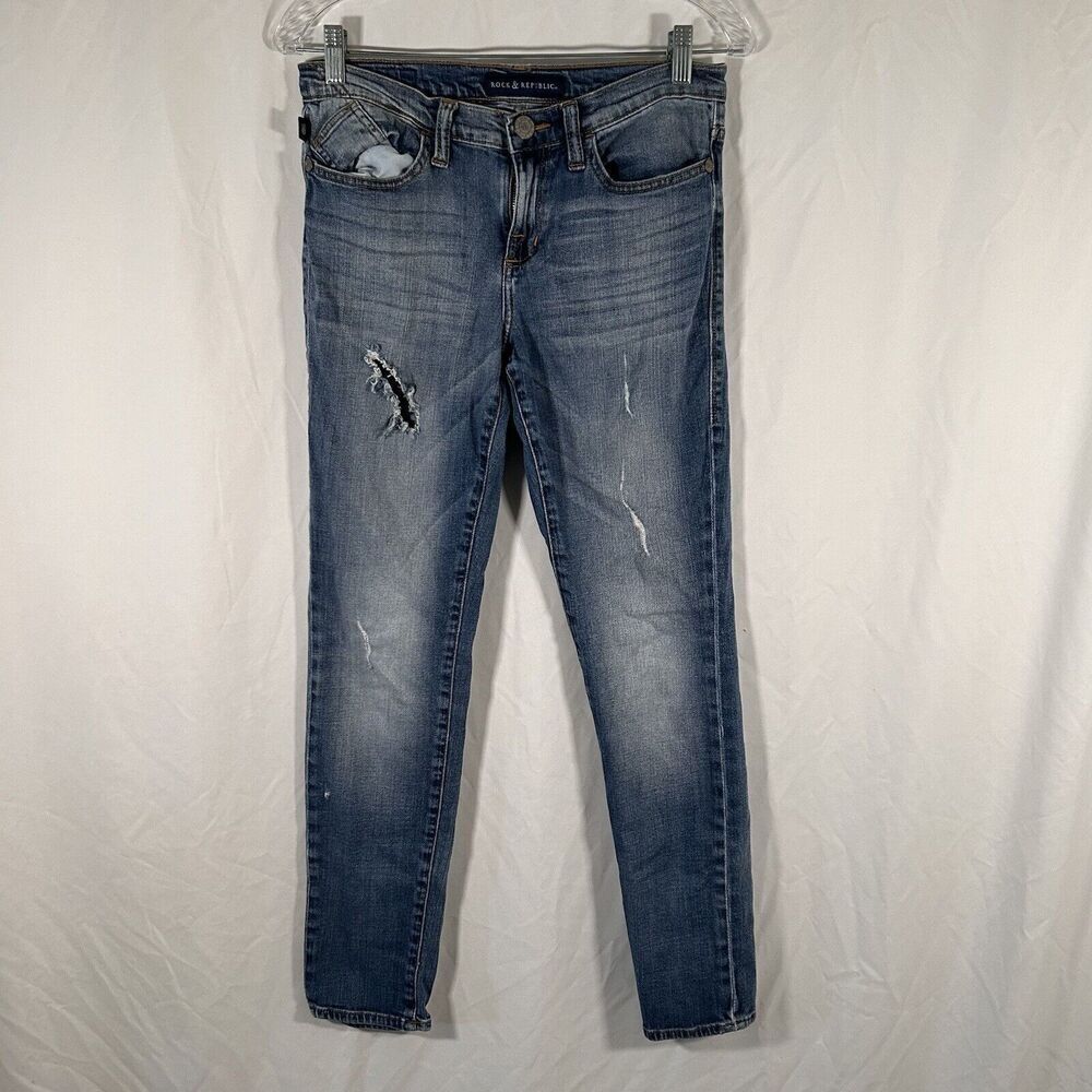 Rock & Republic Jeans Women's 8 Light Wash Blue Denim Distressed Mid Rise